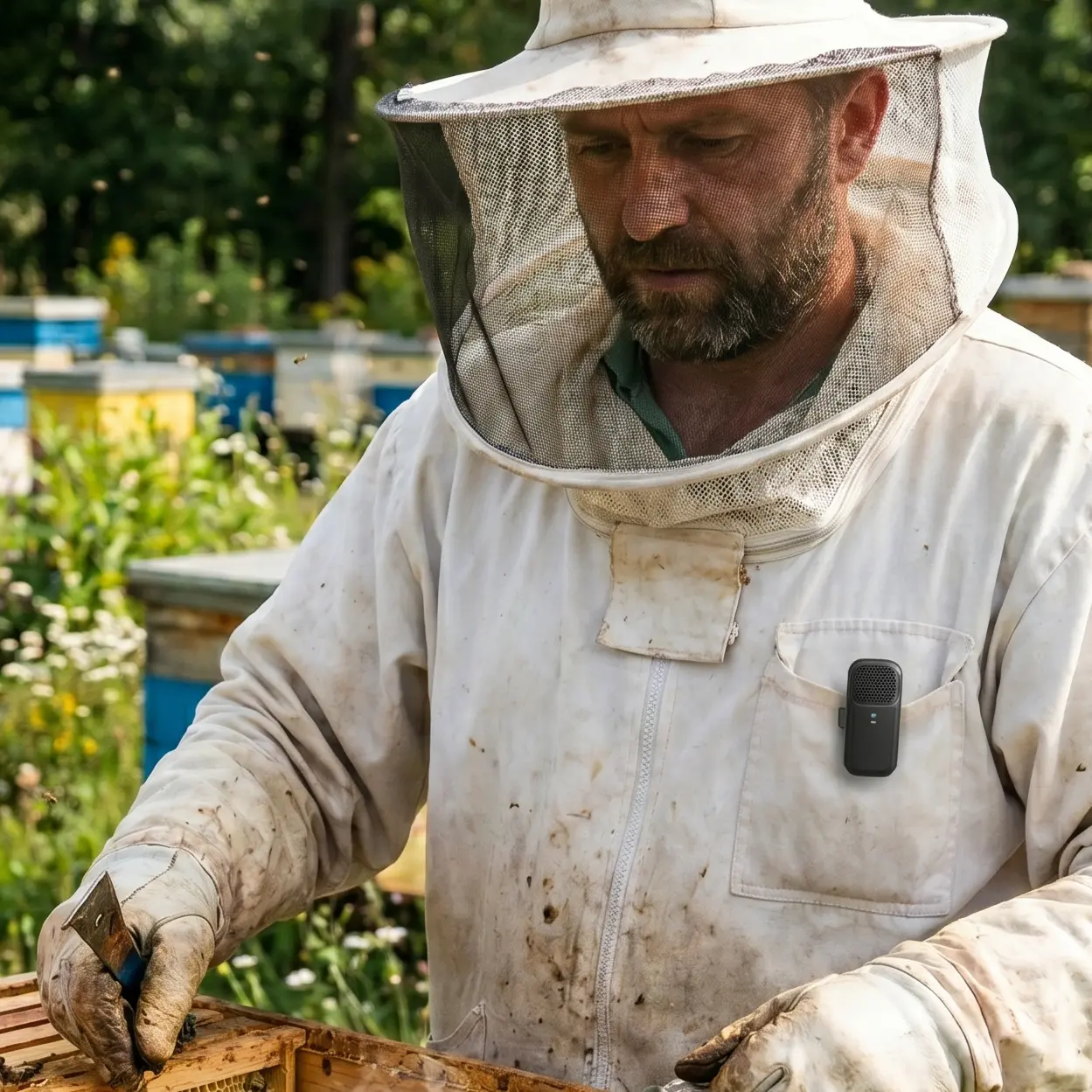 Beekeeper at the hive with the Fluxabee audio recorder clipped to their jacket