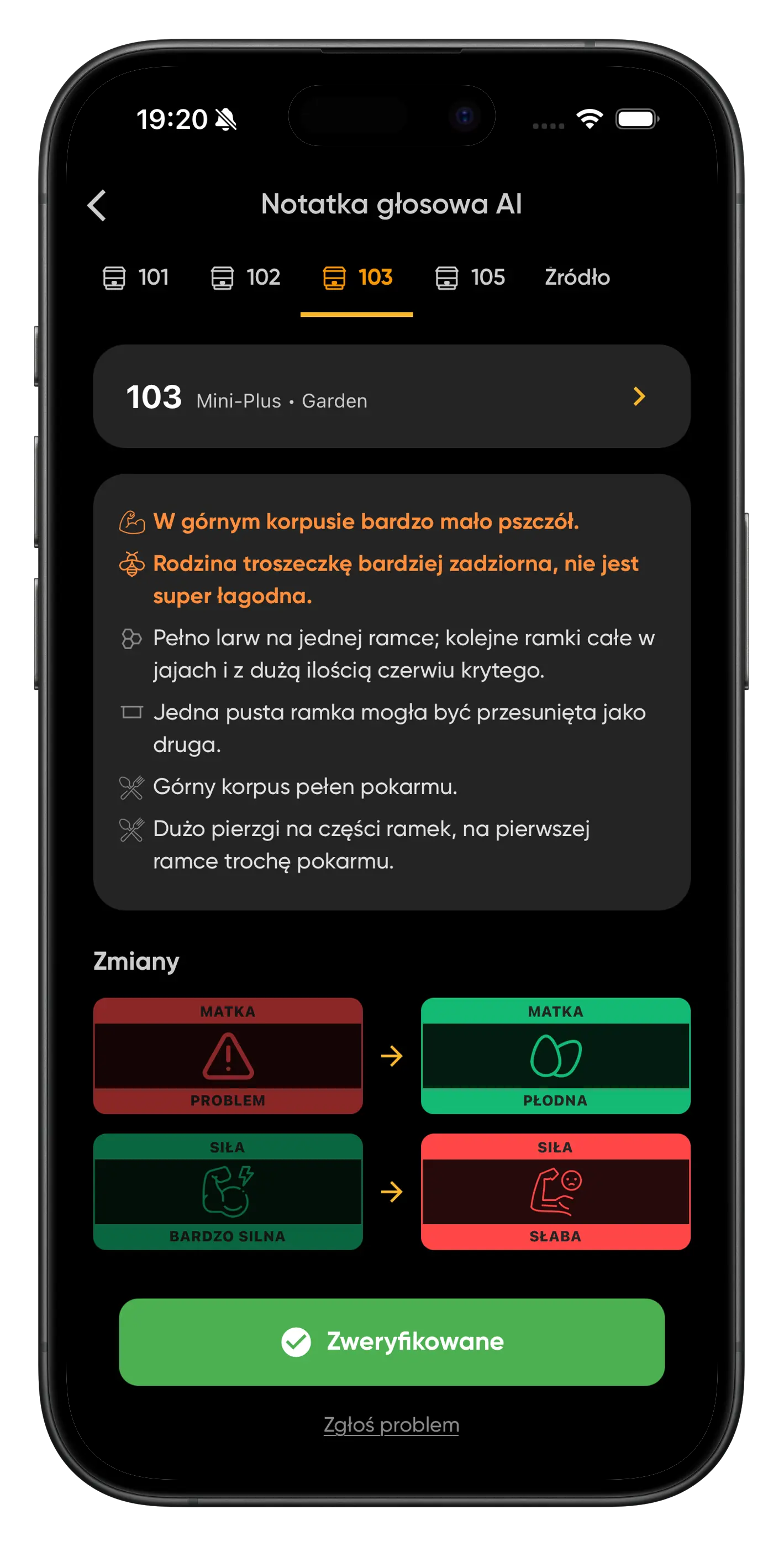 The Fluxabee app processing a beekeeper's voice recording with AI
