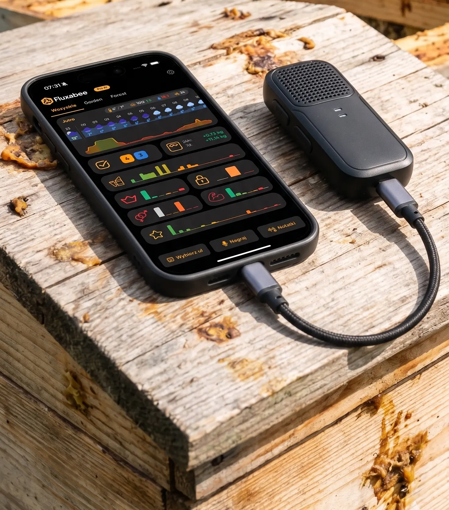 Fluxabee recorder connected to a phone via a USB cable