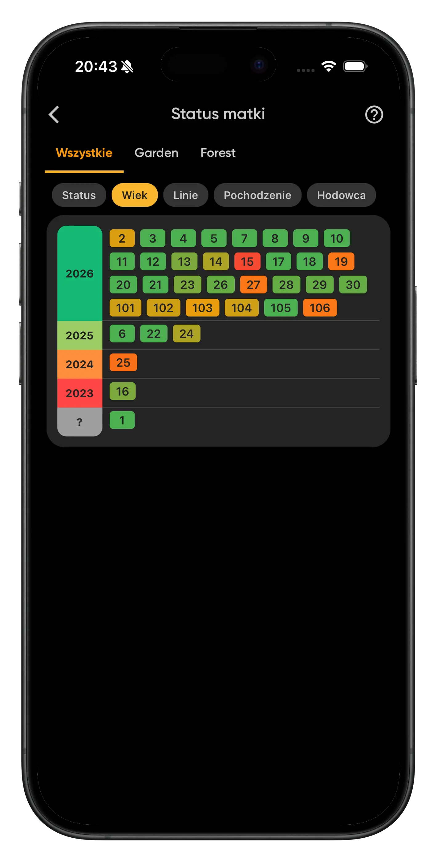 Queen detail screen in the Fluxabee app — status, change history, marking year