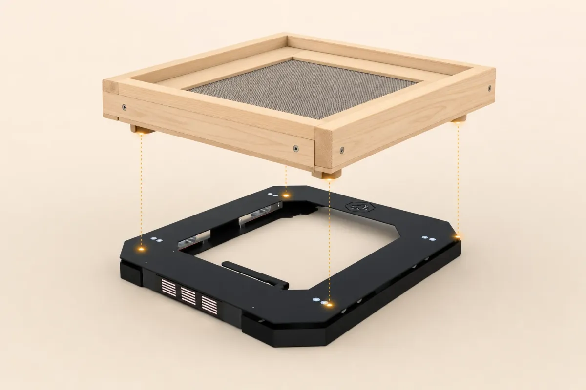 Diagram of four hive support points, with the bottom board raised above the open Fluxabee 4G scale frame