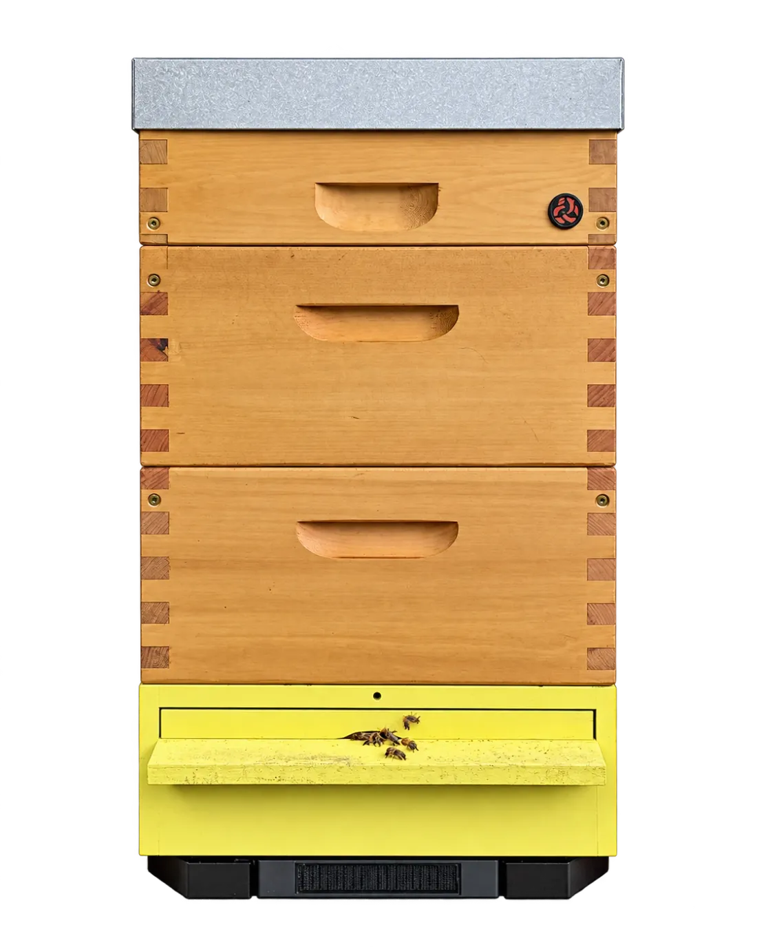 Wooden hive with a yellow bottom board on the Fluxabee 4G scale, front-view photograph with the background removed