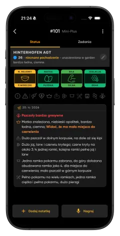 Fluxabee hive status screen with queen information and inspection notes