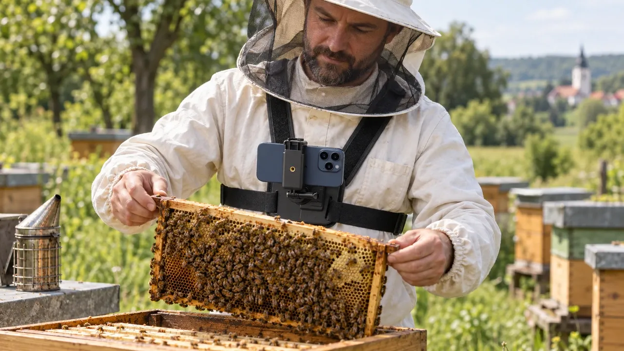 A beekeeper with a chest-mounted phone inspects a frame covered in bees