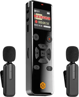 Black Fluxabee Recorder with a screen, an orange hexagonal symbol and two wireless clip-on microphones