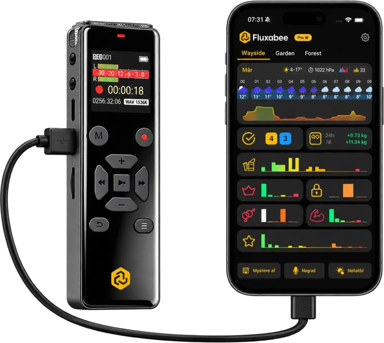 Fluxabee Recorder connected by USB cable to a phone running the Fluxabee app