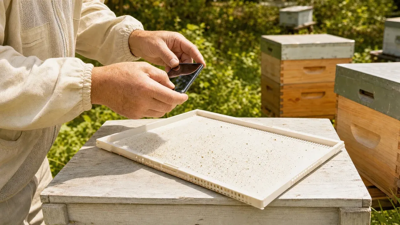 A beekeeper uses a phone to photograph a white monitoring insert on a wooden hive in a sunlit apiary
